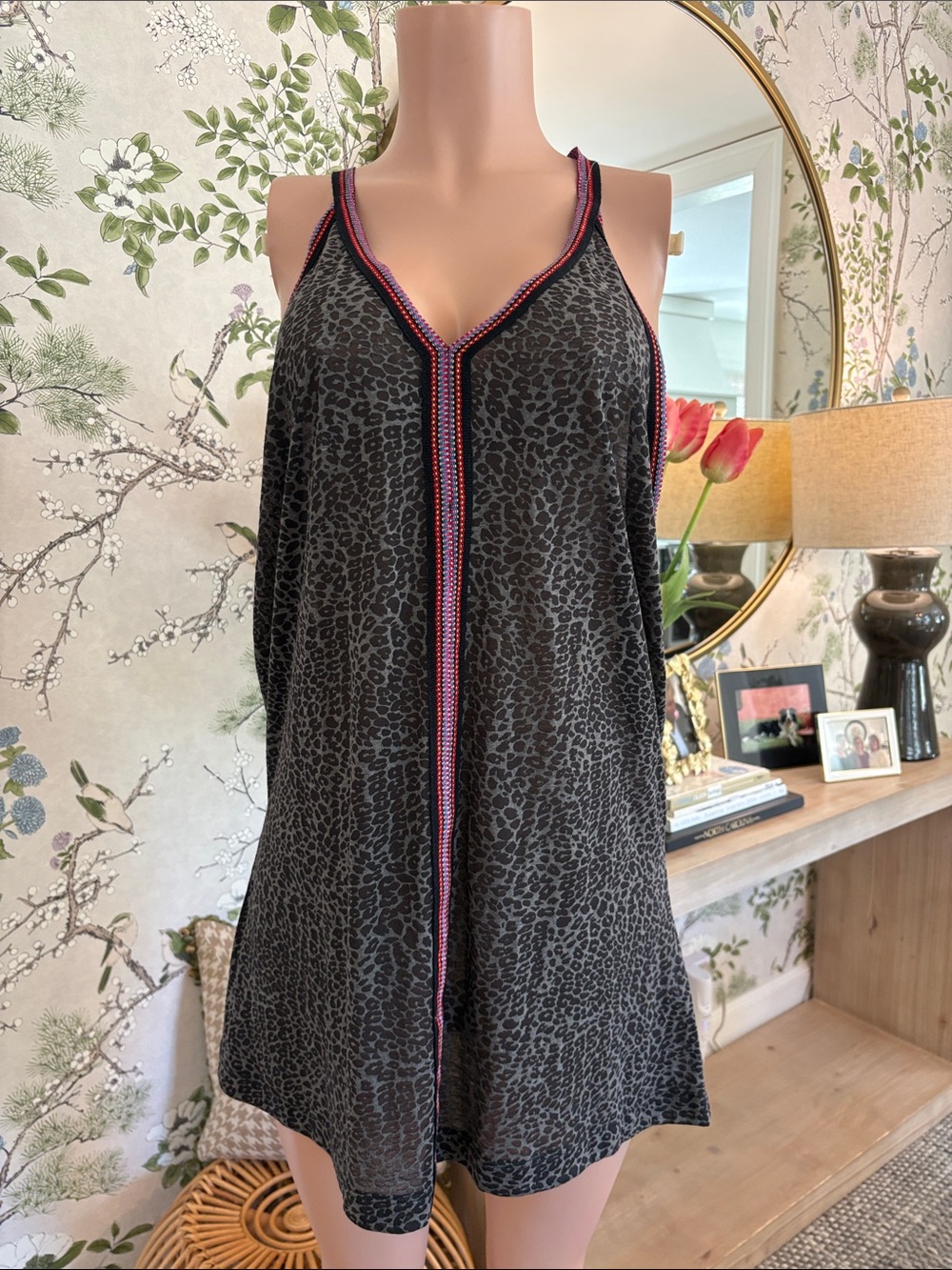 Pitusa Black Leopard-Print Chemise with Pink Trim